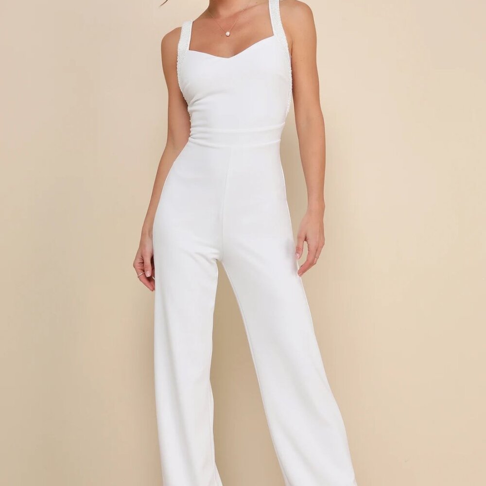 Lulus Love Aglow White Pearl Beaded Sleeveless Straight Leg Jumpsuit X-Small